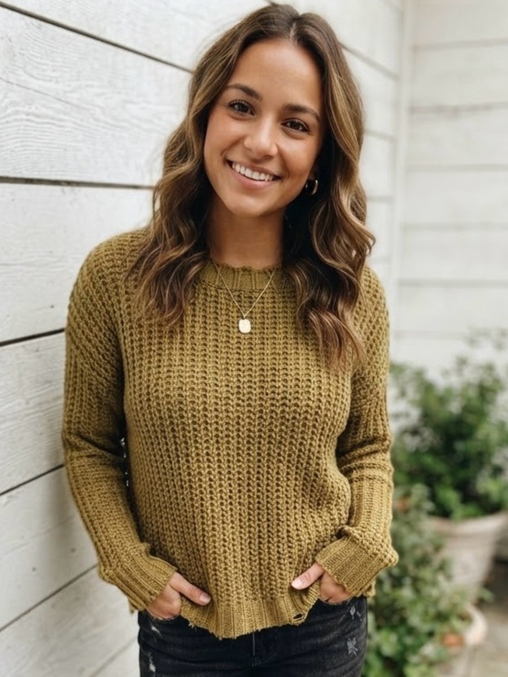 POL | Olive Green Oversized Chunky Crewneck Sweater | Sz M